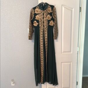 Dark Green and Gold Embellished Long Sleeve Gown
